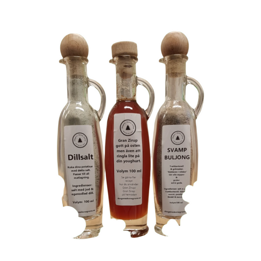 TRIPPEL 3 flaskor. Innehåller Gran Zirup, Citronrapsolja samt Granskottssalt. 3 x 100 ml.