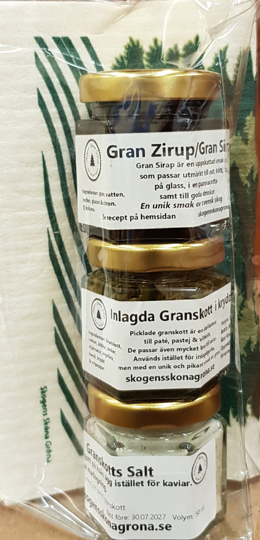 Gran i 3 smaker x 50 ml. Gran Zirup - Picklade granskott - Granskottssalt.