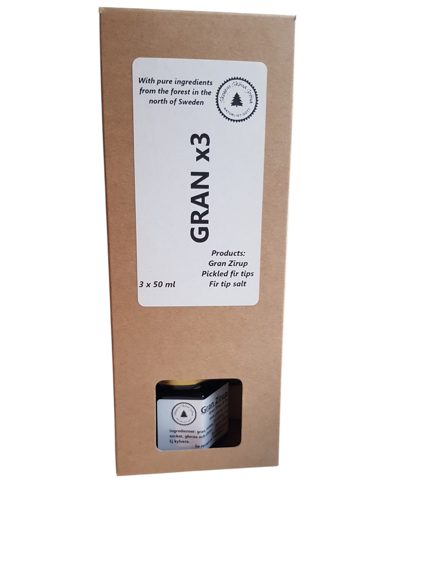 Gran i 3 smaker x 50 ml. Gran Zirup - Picklade granskott - Granskottssalt.
